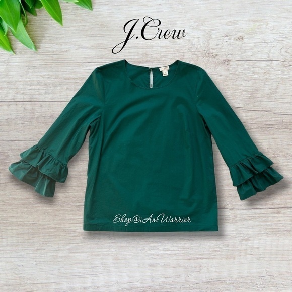 J.Crew emerald/teal stretch cotton ruffle sleeve top *shop@iamwarrior - Picture 3 of 9